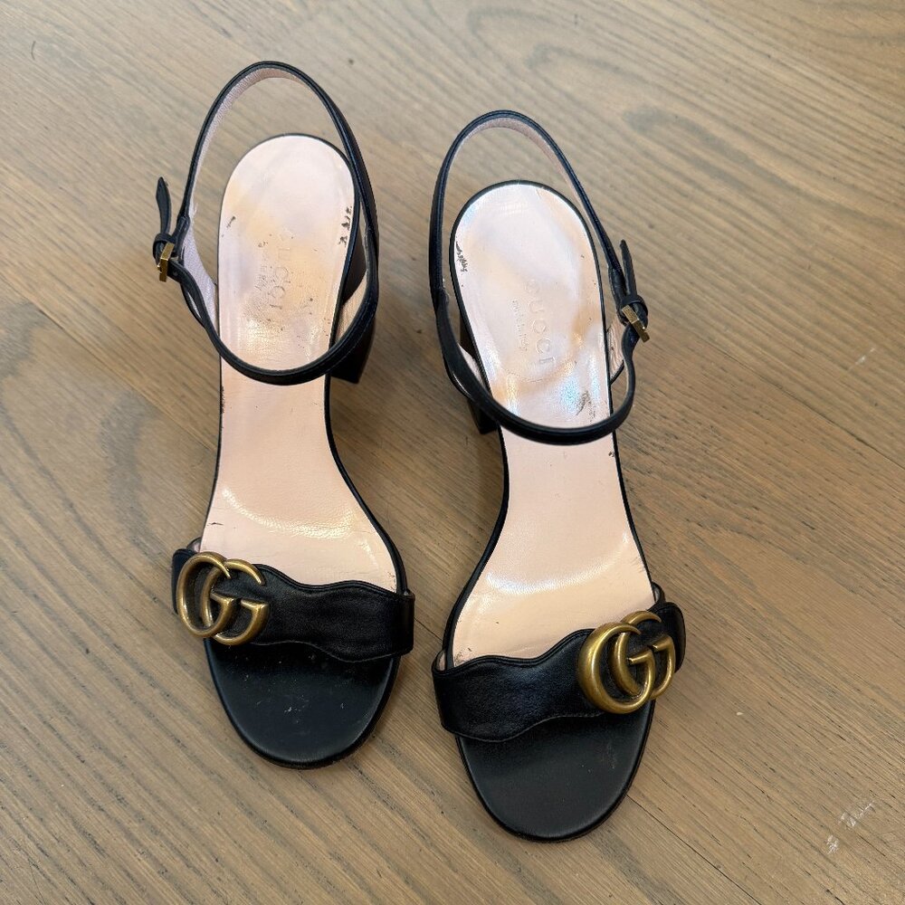 Gucci Marmant mid height block heel sandal (3.25"); Black; size 7